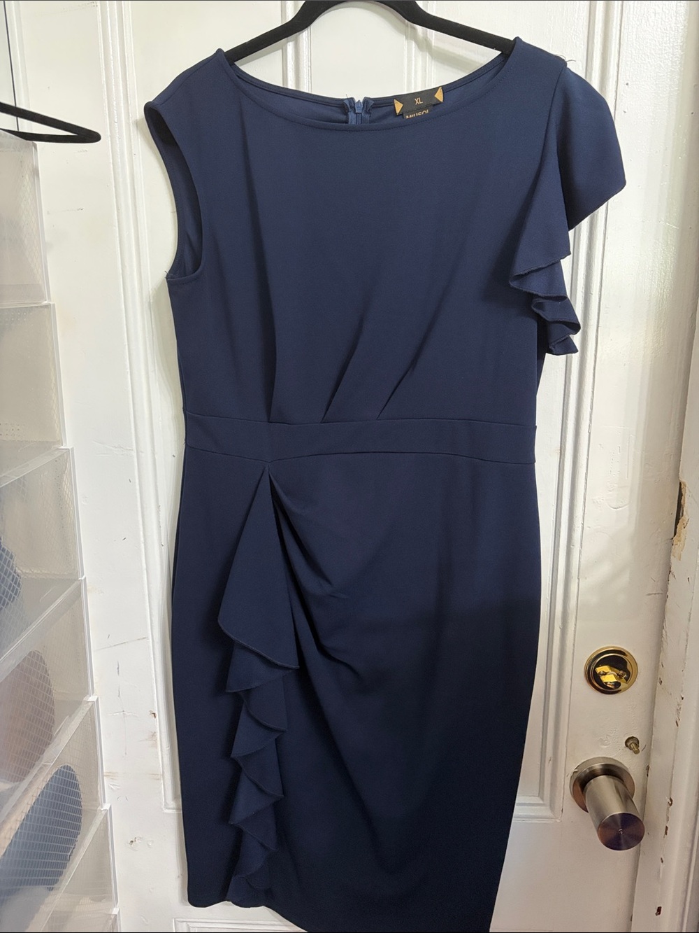 Miusol Dark Blue One-Shoulder Ruffle Sheath Dress